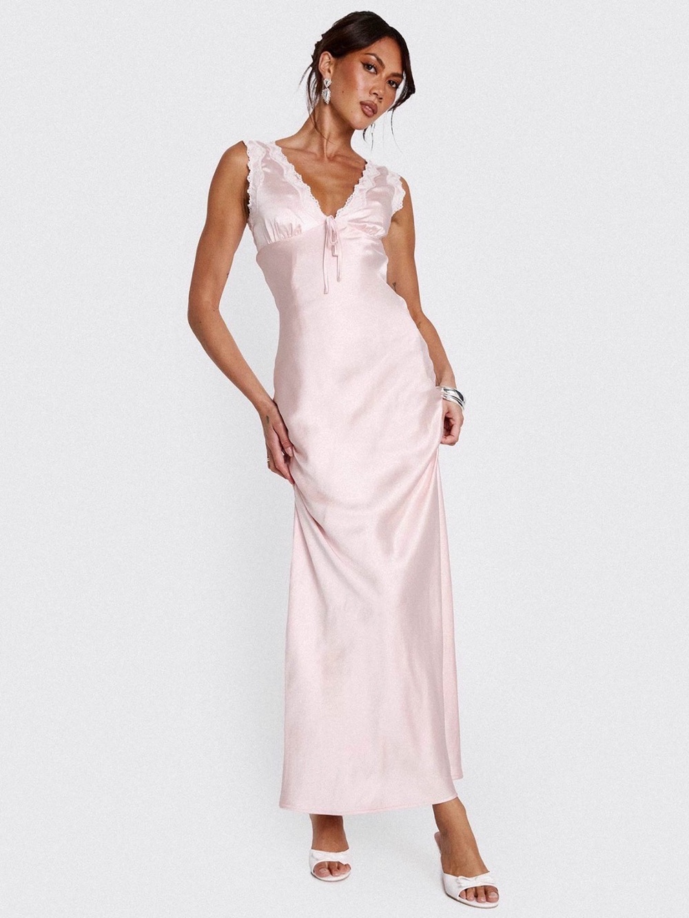 Princess Polly Silky Lace-Trim Pink maxi dress